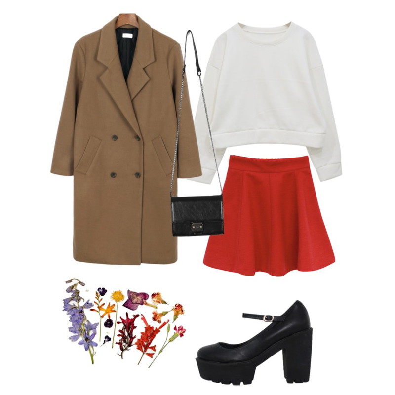Rough & Detail crop basic napping mtm, t,Rough & Detail modern flare banding, sk,daily monday Double long coat[더블코트,롱코트,코트]등을 매치한 코디