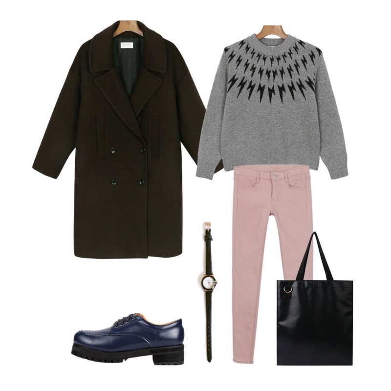 daily monday Winter color skinny pants,daily monday Lightning point knit[니트,번개니트,번개,램스울,램스울니트],daily monday Over-size long coat[롱코트,울코트,코트,오버사이즈,오버사이즈코트,아우터,카르벵코트]등을 매치한 코디