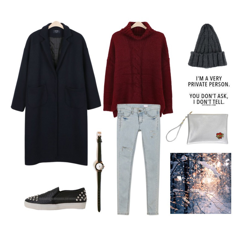 daily monday Window vintage denim skinny,daily monday Twist point turtleneck knit[터틀넥니트,터틀넥,니트,폴라니트,폴라],daily monday Daily snap long coat[코트,롱코트]등을 매치한 코디