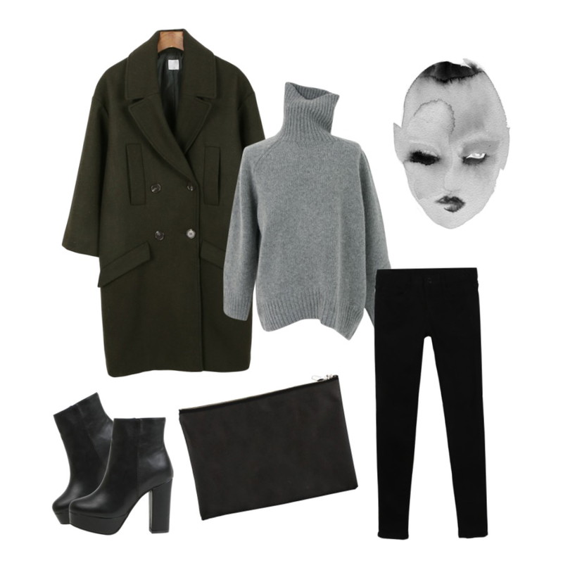 daily monday Double clutch bag[가방,클러치,클러치백],biznshoe Black simple ankle heel등을 매치한 코디