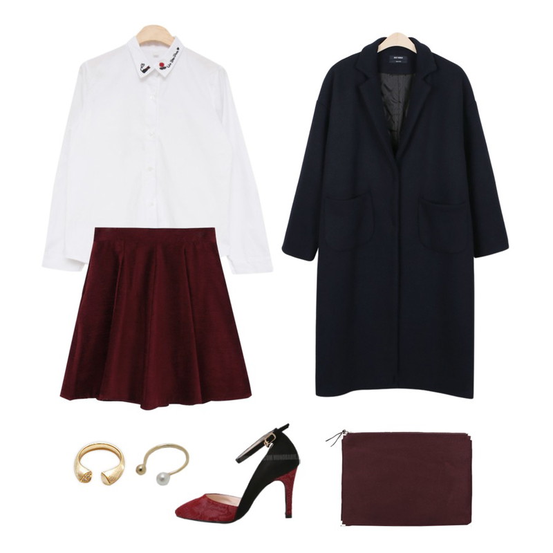 daily monday Warm flare skirt[플레어스커트,하이웨이스트,스커트,가을스커트,여자스커트],MONOBARBIE  테르시아Beige/Red/Black 3.2cm,MIND ME 네로 장미 bl (2color)  귀여운포인트자수♡ [blouse] 등을 매치한 코디
