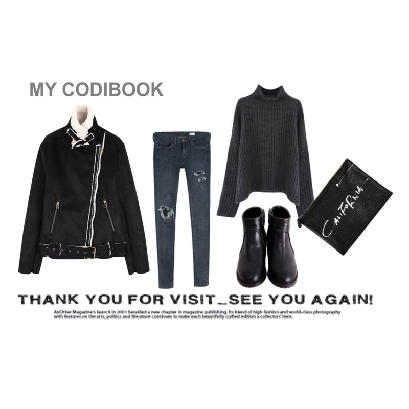 daily monday Street damage pants[팬츠,데미지팬츠,스키니,데님,데님팬츠,팬츠],Rough & Detail side ravels out turtleneck, knit,BROWNBUNNY 원버튼등을 매치한 코디