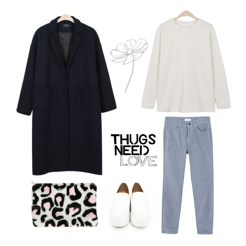 BROWNBUNNY 로터스,daily monday Soft corduroy pants[소프트코듀로이팬츠,코듀로이팬츠,일자팬츠,일자바지,바지,여자바지,겨울바지],daily monday Daily snap long coat[코트,롱코트]등을 매치한 코디