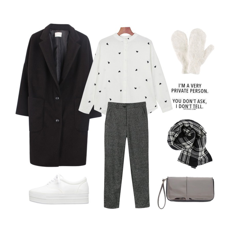 daily monday Elephant needlepoint shirts[셔츠,탑,남방,차이나셔츠,자수셔츠,코끼리자수],daily monday Herringbone colors slim slacks[슬림슬랙스,슬랙스,헤링본슬랙스],biznshoe Simple mood coat (2color)등을 매치한 코디