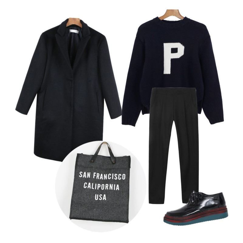 daily monday Alex mono coat(2colors),daily monday Side closing zipper slacks[슬랙스,옆지퍼,겨울슬랙스,바지,팬츠],daily monday P lambswool knit[니트,램스울니트]등을 매치한 코디