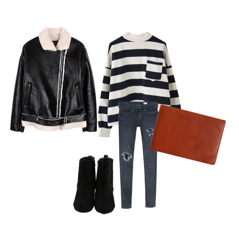 daily monday Street ankle boots[앵클부츠,부츠],daily monday Street damage pants[팬츠,데미지팬츠,스키니,데님,데님팬츠,팬츠],Rough & Detail stripe half turtleneck, t등을 매치한 코디