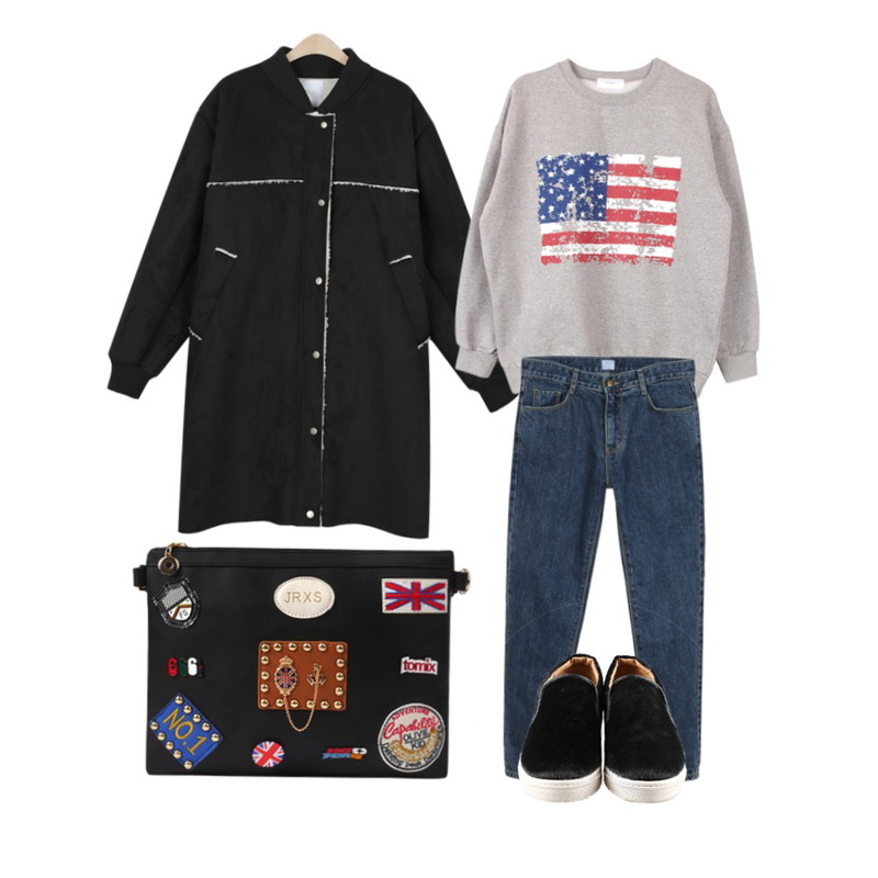 biznshoe USA man-to-man (3color),daily monday Retro standard pants[데님,팬츠,청바지,배기팬츠,보이핏데님,보이핏],daily monday Boxy long mustang[롱무스탕,무스탕]등을 매치한 코디
