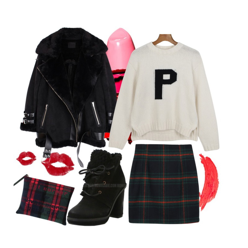red rip,lipstick,neon coral lip등을 매치한 코디