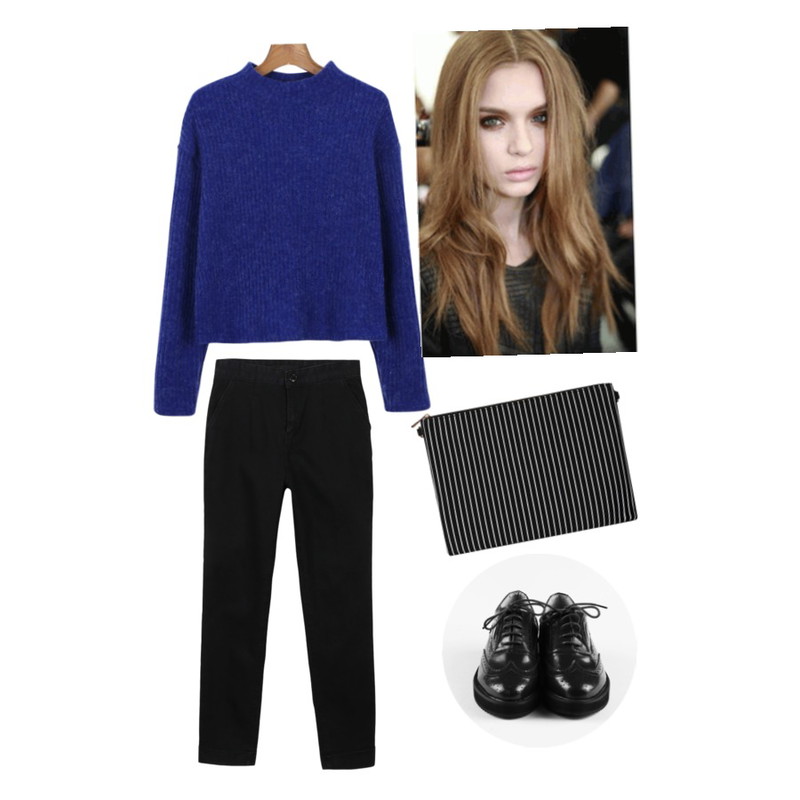 daily monday Down half-neck knit[하프넥니트,니트],daily monday Washing denim basic slacks[슬랙스,데님,데님슬랙스],daily monday Punching lace loafer[로퍼,펀칭슈즈,슈즈,옥스퍼스화,통굽]등을 매치한 코디