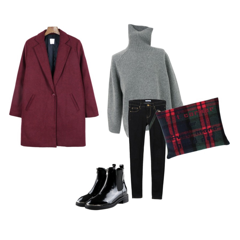 daily monday New untouched soil slim skinny[생지스키니,생지,생지데님,데님스키니,스키니],daily monday One day one button coat[원버튼,코트,아우터,롱코트],SALON DE BYME 니트 풀오버 ( 그레이 ) 울 80% 주문폭주입고지연등을 매치한 코디