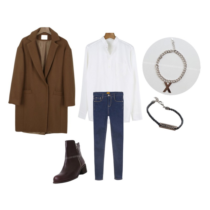 daily monday Urban basic henryneck shirt,daily monday Friendly one-button coat[자켓,원버튼,롱자켓,모직코트,코트,롱코트,아우터],daily monday Best basic skinny[데님팬츠,데님,팬츠,스키니,데님스키니]등을 매치한 코디