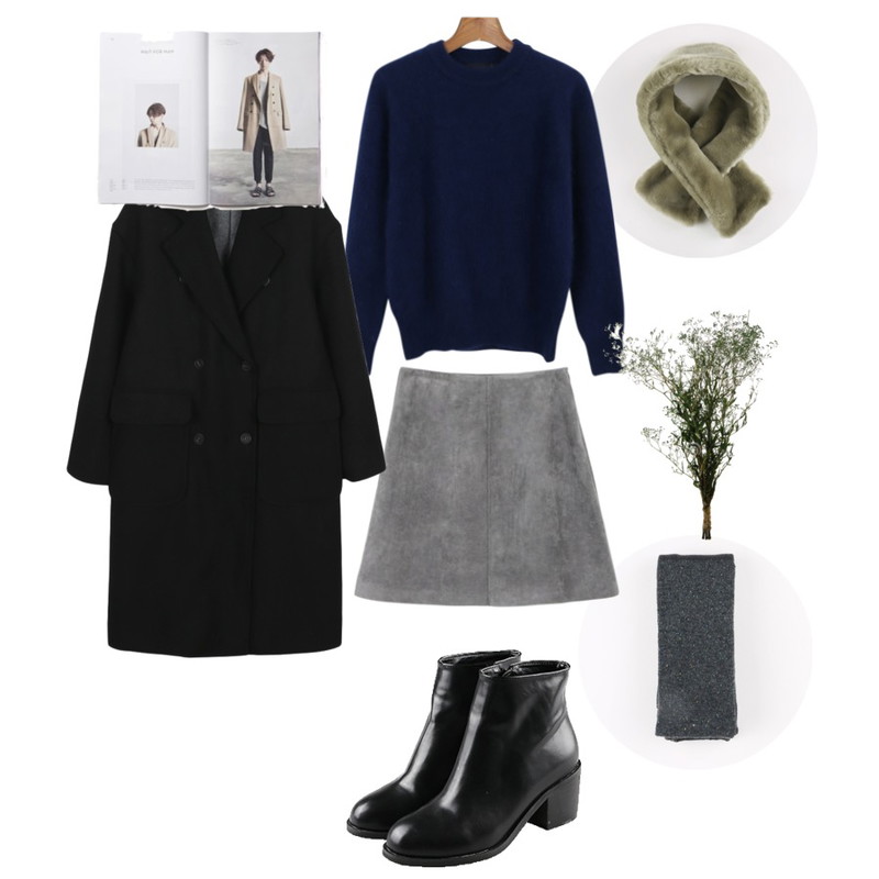 daily monday Color mix warm stocking[컬러믹스웜스타킹],daily monday Suede a-line skirt[치마,스커트,에이라인스커트,에이라인치마,스웨이드치마],daily monday Easy winter fur muffler등을 매치한 코디
