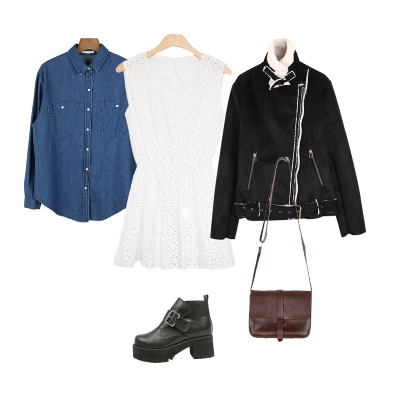 daily monday Natural denim pocket shirts,MIND ME 샤프란 (2color)[Onepiece]허리밴딩으로 라인을 잡아주는플라워 펀칭패턴 민소매원피스,biznshoe Standard over mustang (3color)등을 매치한 코디