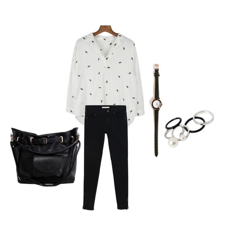 daily monday Round line leather watch,daily monday Green leaf natural blouse[블라우스,나뭇잎,자수,트임,오픈,코튼블라우스,셔츠,남방,가을블라우스],daily monday Cargo zipper skinny pants등을 매치한 코디