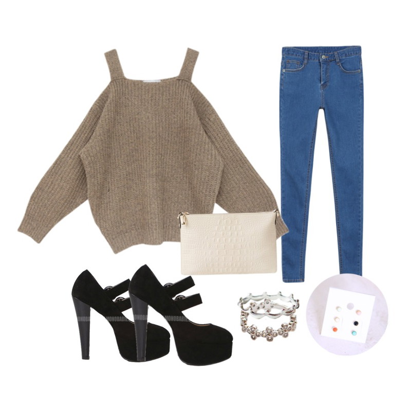 MONOBARBIE  디앤트리얼스웨이드Gray/Black 13.5cm,MIND ME Feminine shoulder knit (2color)  화이트셔츠와매치해도굿! [knit] ,daily monday Natural warm denim skinny[기모스키니,기모데님,데님스키니,스키니]등을 매치한 코디