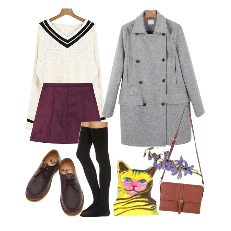 daily monday V-neck over kint[브이넥니트,여자니트,여자스웨터,가을니트,오버핏],daily monday High double button coat[하이더블버튼코트,더블코트,코트],daily monday Napping suede skirt[스웨이드스커트,기모스커트,스커트,치마,쎄무,스웨이드,기모]등을 매치한 코디