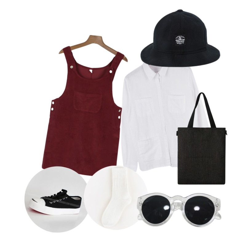 daily monday Variety outer-shirt,daily monday Corduroy overall one-piece[오버롤,코듀로이,골덴,원피스,오버롤원피스,멜빵,멜빵원피스],MIND ME 스트라이프 심플베이직 백등을 매치한 코디