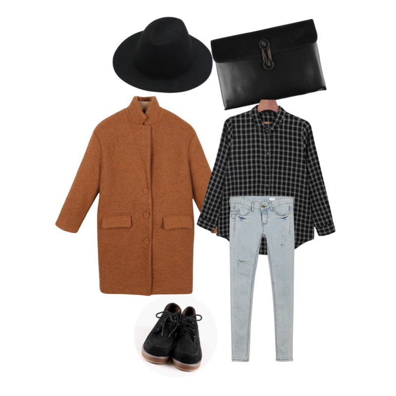 daily monday Leather rope design bag[클러치,크로스백,가방,백,레더,가죽가방,가죽클러치,레더클러치],daily monday Needlepoint sneakers loafer,daily monday Vintage color coat등을 매치한 코디