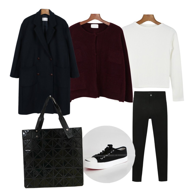 daily monday Boat neck golgi tee[보트넥,골지티,가을티,골지,],daily monday 4 pocket cardigan[가디건],daily monday Square pocket skinny jean등을 매치한 코디