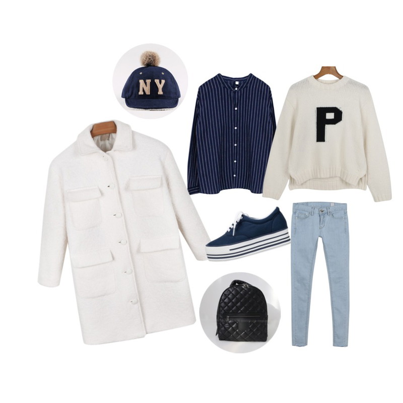 daily monday P lambswool knit[니트,램스울니트],daily monday Light denim cutting skinny,Rough & Detail butter, nb_navy등을 매치한 코디