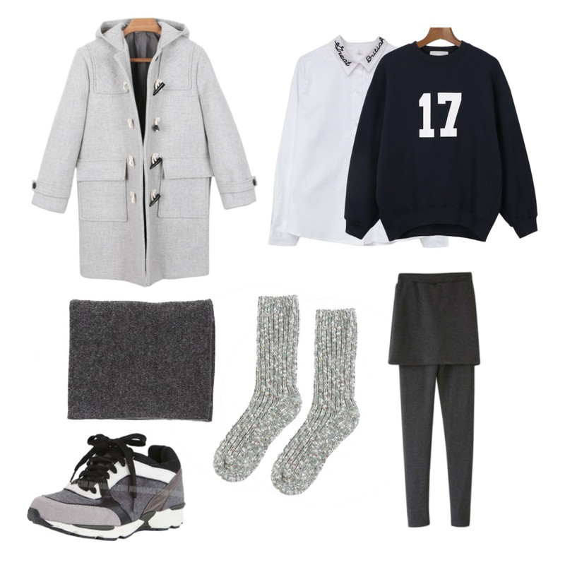 Rough & Detail sign neck, nb_white,daily monday Color Mix Knit Socks,daily monday Twenty duffle coat등을 매치한 코디