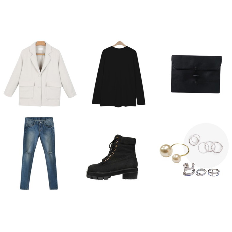 Rough & Detail knee vintage skinny, pt,biznshoe Silver thin 5sets ring ,daily monday Charming half wool coat등을 매치한 코디