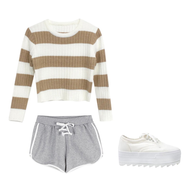걸즈비 플랫폼,daily monday Bladwin training set,Rough & Detail stripe crop, knit_beige등을 매치한 코디