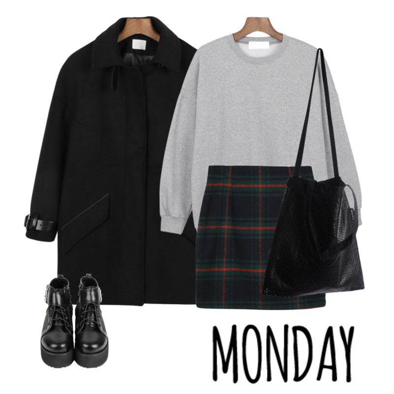 daily monday Belt detail coat[벨트디테일코트,벨트코트,넥차이나코트,코트,하프코트],daily monday Couple match man to man[맨투맨,기모맨투맨,기본맨투맨,기본탑,기모,오버핏맨투맨],daily monday Tartan check skirt[타탄체크스커트,체크스커트,포인트룩,포인트스커트,스커트,일자스커트,미니스커트]등을 매치한 코디