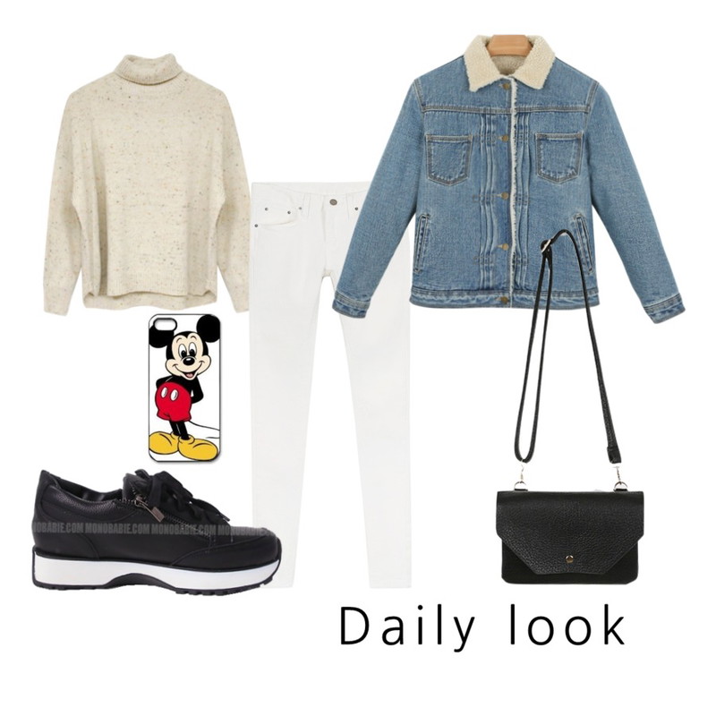 daily monday After color cotton pants,Rough & Detail chocolat, knit_beige,daily monday Sheep warm denim jacket등을 매치한 코디