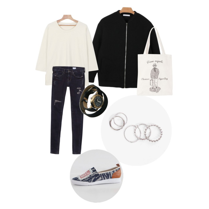 daily monday Page simple tee,biznshoe Silver thin 5sets ring ,daily monday Urban zip-up jumper등을 매치한 코디