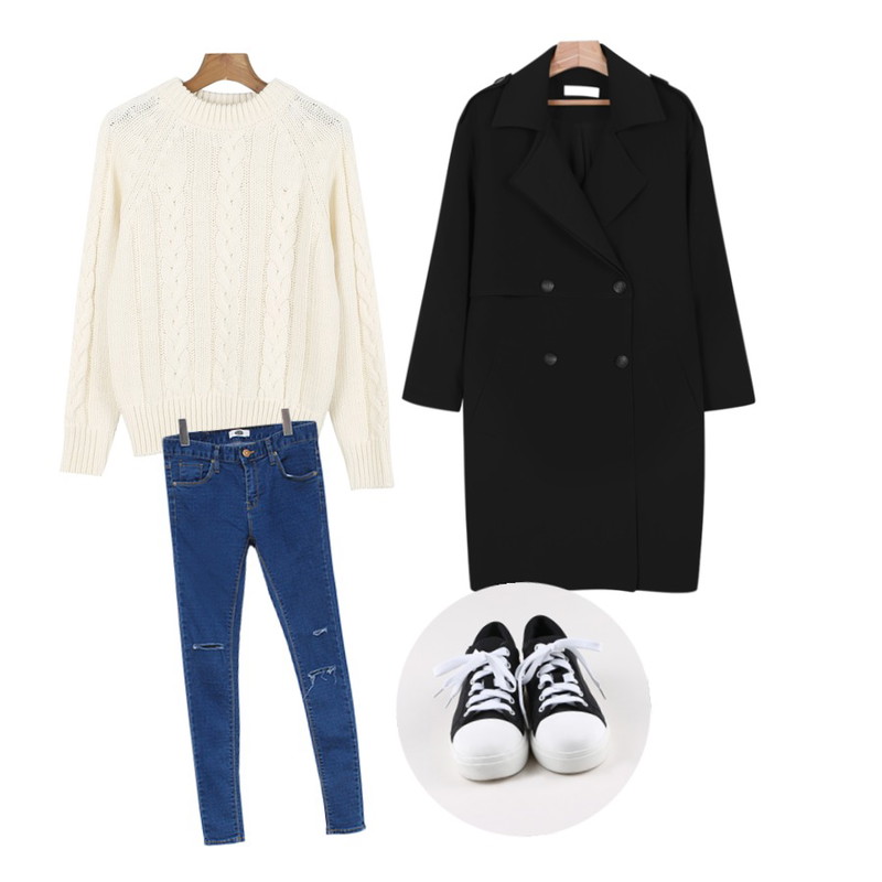 daily monday Urban twist knit[니트,꽈베기니트,니트,꽈배기],MIND ME 라인컷[Skinny],daily monday Classy trench coat등을 매치한 코디