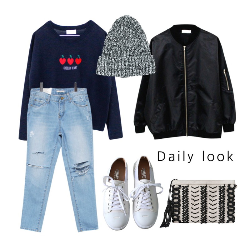 MIND ME 루트[Pants],Rough & Detail alpha flight, jk_black,Rough & Detail cherry heart, knit_navy등을 매치한 코디