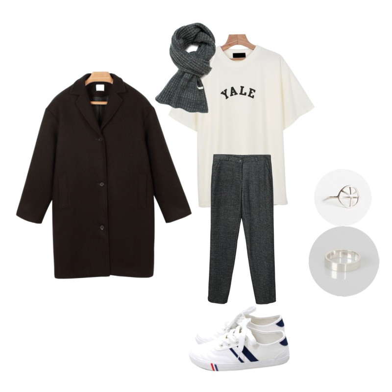 daily monday Modern quality single coat,Rough & Detail two oblique line, shoes_white,daily monday YALE soft t-shirt등을 매치한 코디
