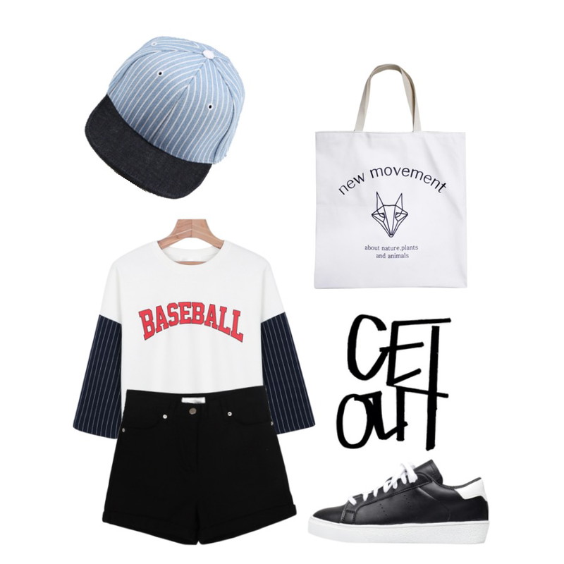 daily monday Denim stripe cap[캡모자,모자,스트라이프,데님],daily monday Toy roll-up short pants,daily monday Baseball sports tee등을 매치한 코디