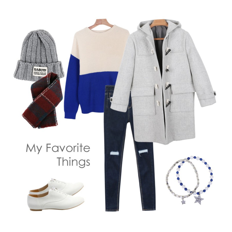 daily monday Two color fisherman knit,daily monday Twenty duffle coat,daily monday Raw damage skinny등을 매치한 코디