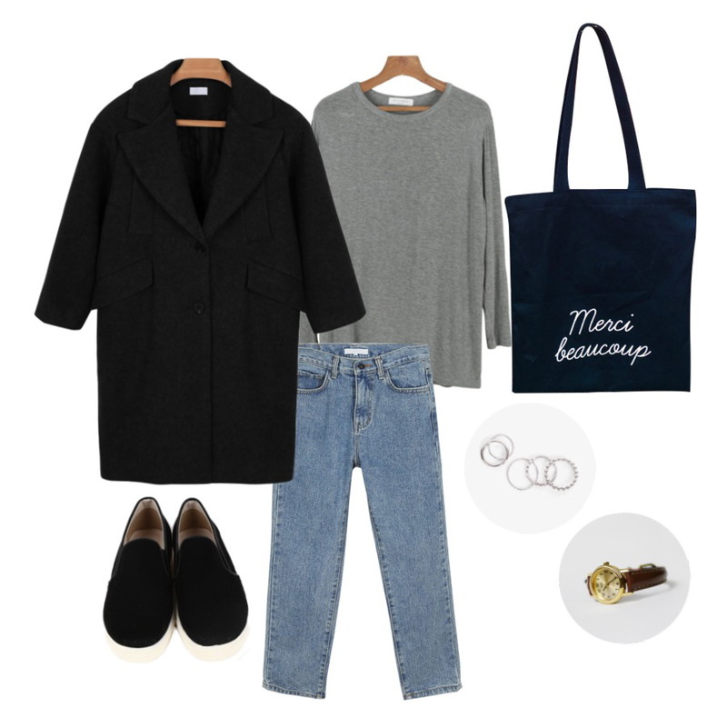 daily monday Black suede slip-on,Salon de byme [살롱드바이미] merci beaucoup ecobag ( 블랙버전 ) 내부포켓,daily monday Daily-silky tee 등을 매치한 코디