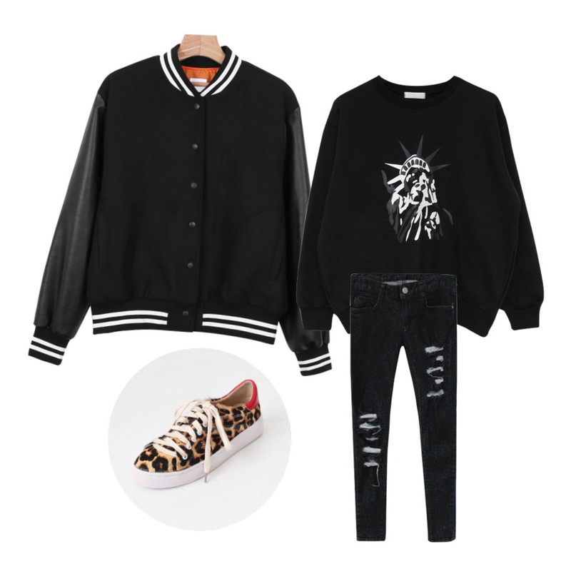 Rough & Detail destroyed skinny, pt_black,daily monday Leather daily stadium jumper,MIND ME 프리덤 페인팅mtm등을 매치한 코디