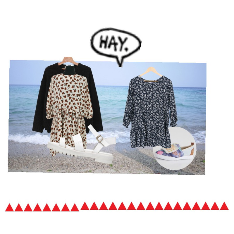 바다,Salon de byme UNBALANCE FLOWER DRESS ( 베이지 / 네이비 ),daily monday Snap button cardigan등을 매치한 코디