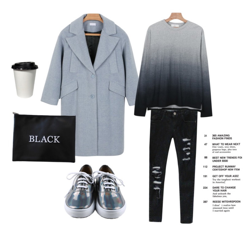 daily monday Big lapel long coat,daily monday Glossy hologram sneakers,Rough & Detail destroyed skinny, pt_black등을 매치한 코디