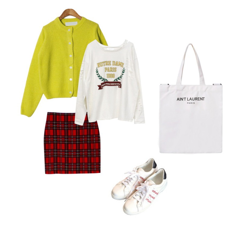 Rough & Detail laurel cutting mtm, t_ivory,Zemma World Basic color cardigan,Rough & Detail 봄스커트 균일가등을 매치한 코디