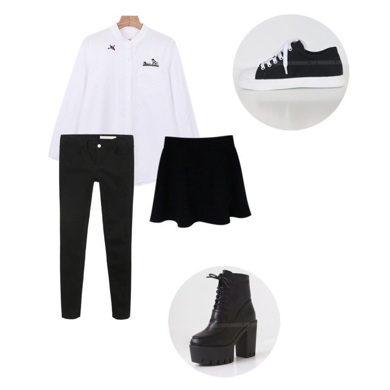 daily monday Warm-tone cotton skinny,daily monday Dog china shirt,Rough & Detail 봄스커트 균일가등을 매치한 코디