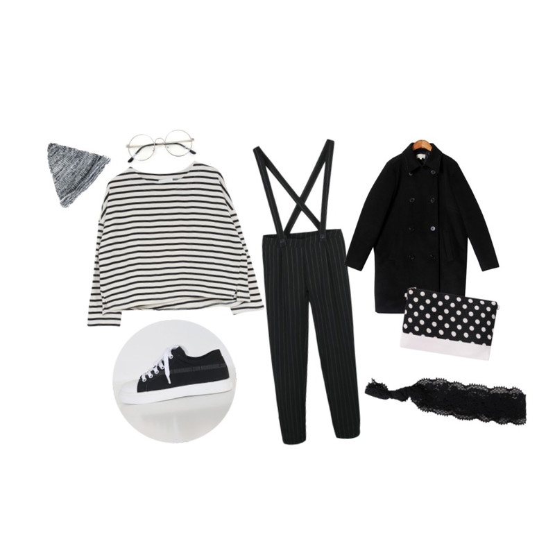 daily monday Manish suspenders slacks(2colors),MIND ME 어반 스트라이프 크롭 t-shirts,Zemma World 둥글게 (glasses) 등을 매치한 코디