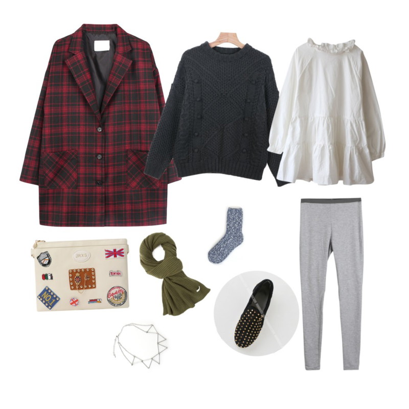 Rough & Detail max frill, ops,daily monday Miniball unique knit,biznshoe Standard check jacket (2color)등을 매치한 코디
