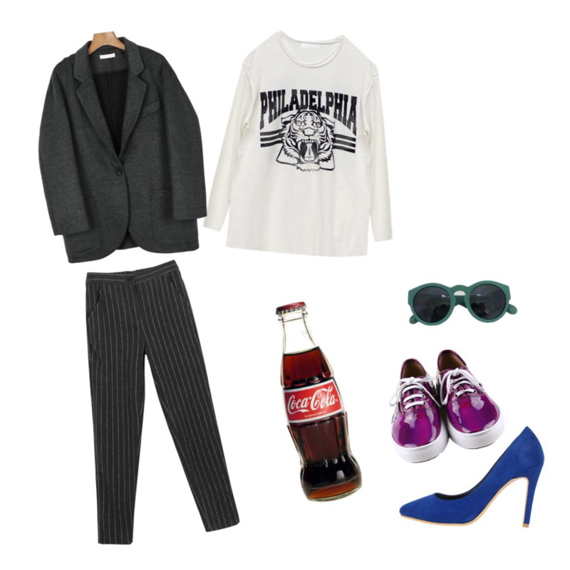 daily monday By woman tailored jacket[자켓,테일러드,테일러,아우터,모직,스탠다드자켓],daily monday Stripe wool slim slacks[슬랙스,울바지],Rough & Detail tiger vintage, t_ivory등을 매치한 코디