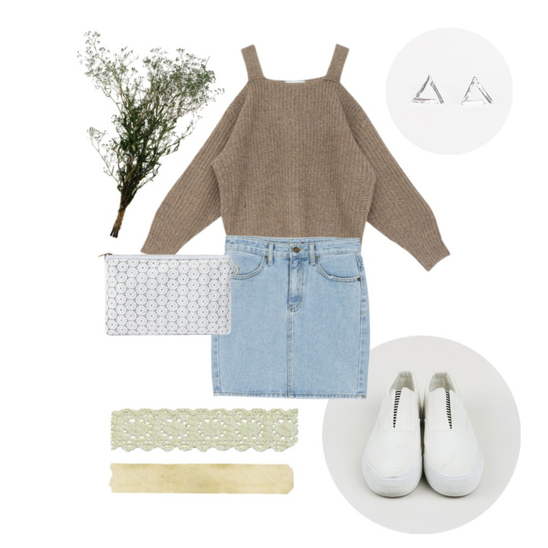 MIND ME Feminine shoulder knit (2color)  화이트셔츠와매치해도굿! [knit] ,biznshoe Triangle  earring,daily monday V-stripe wing slip-on등을 매치한 코디