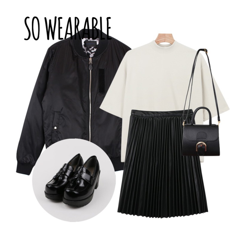 daily monday Narrow pleats leather skirt[플리츠스커트,레더스커트,미디스커트,스커트,치마],biznshoe Patch air jumper (3color),daily monday Half-neck 1/2 t-shirt등을 매치한 코디