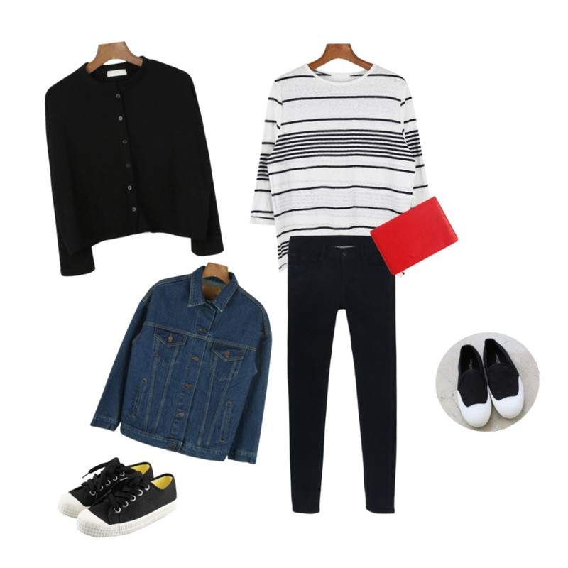 daily monday Warehouse denim jacket,daily monday Irregular stripe 7tee[스트라이프티,스트라이프,단가라,7부티,언발러스],daily monday Baby plain cardigan[가디건]등을 매치한 코디
