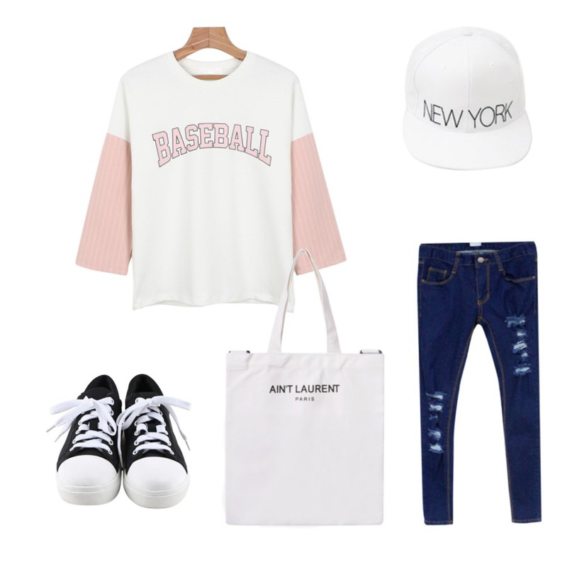 걸즈비 뉴욕스티치,daily monday Baseball sports tee,Rough & Detail destroyed skinny, pt_blue등을 매치한 코디