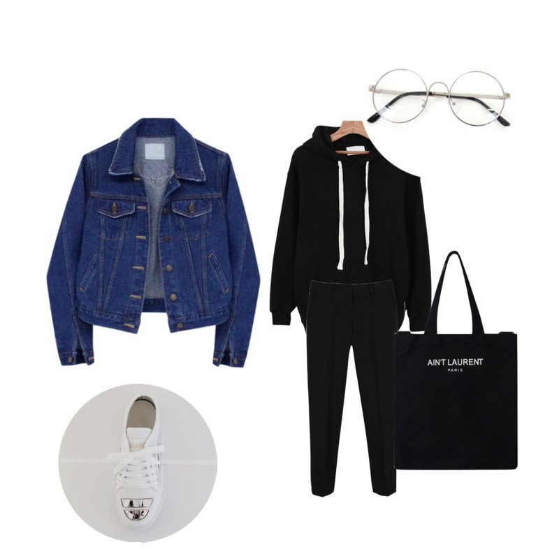 daily monday Slim-fit slacks(3colors),daily monday Basic zipper hood,Rough & Detail basic denim, jk_deep-blue등을 매치한 코디