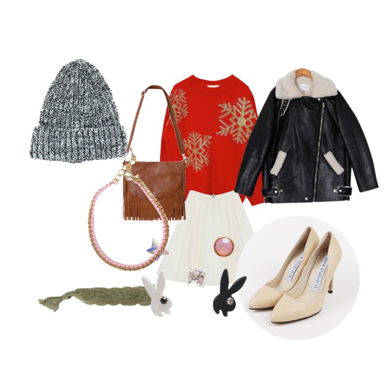 Rough & Detail snow glitter, knit_red,Zemma World 센트럴 (mustang) ,Rough & Detail merry knit, sk_ivory등을 매치한 코디